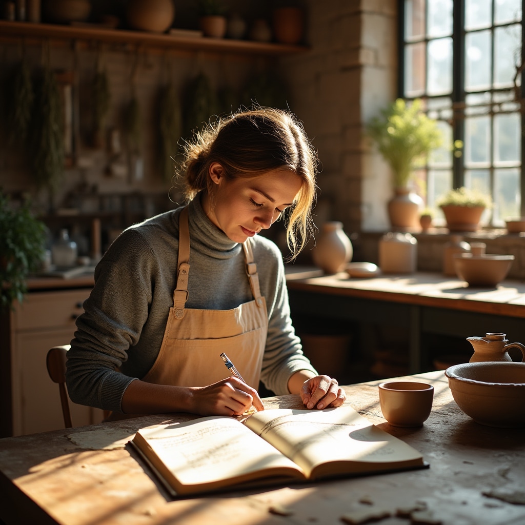 Artigiana che calcola i prezzi di vendita nel suo laboratorio creativo