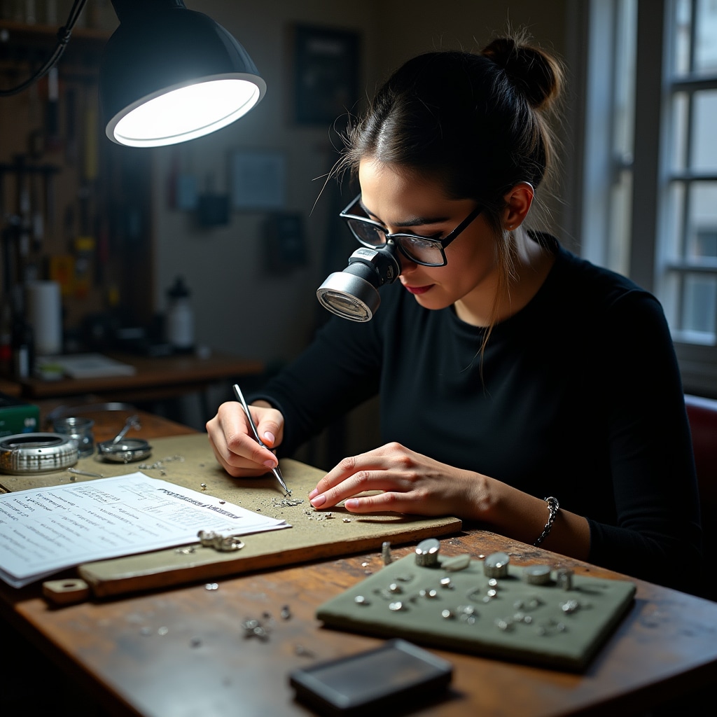 Artigiana che lavora su gioielli handmade nel laboratorio con fogli di calcolo prezzi