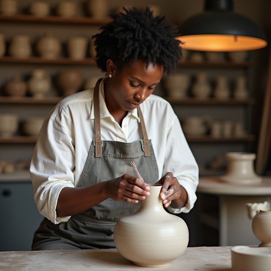 Ceramista che applica etichette di prezzo a pezzi unici nel proprio studio