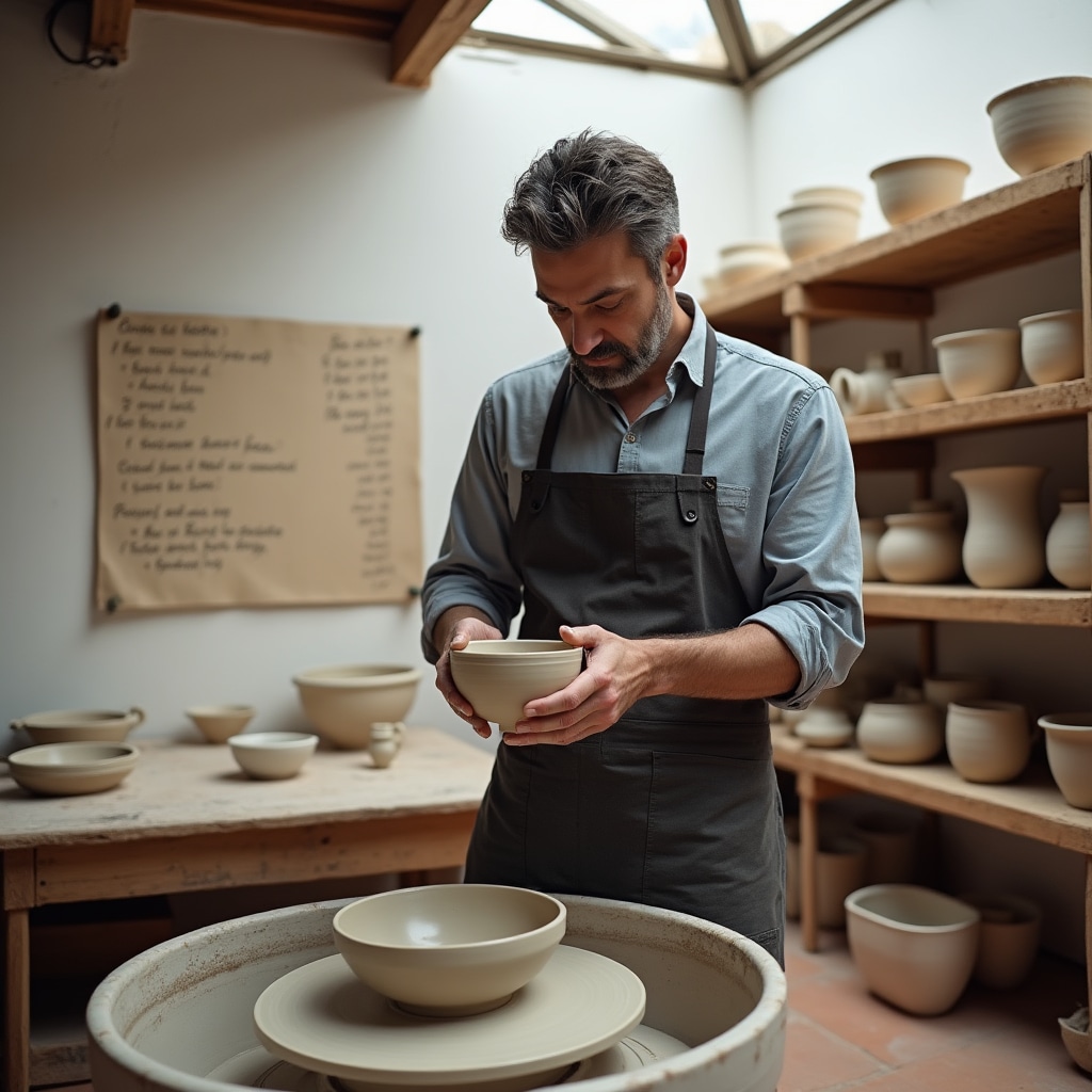 Ceramista al torno che crea vasi handmade nel laboratorio con listino prezzi sul muro