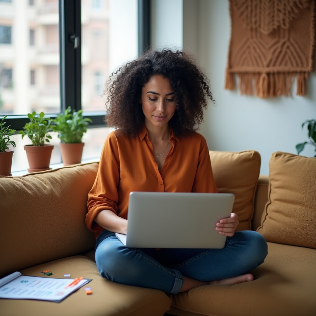 Creativa che analizza il posizionamento di mercato dei suoi prodotti su laptop