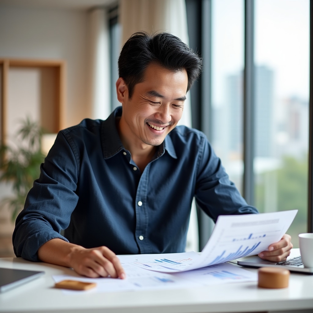 Creativo soddisfatto che guarda il foglio di calcolo con il prezzo di vendita correttamente calcolato