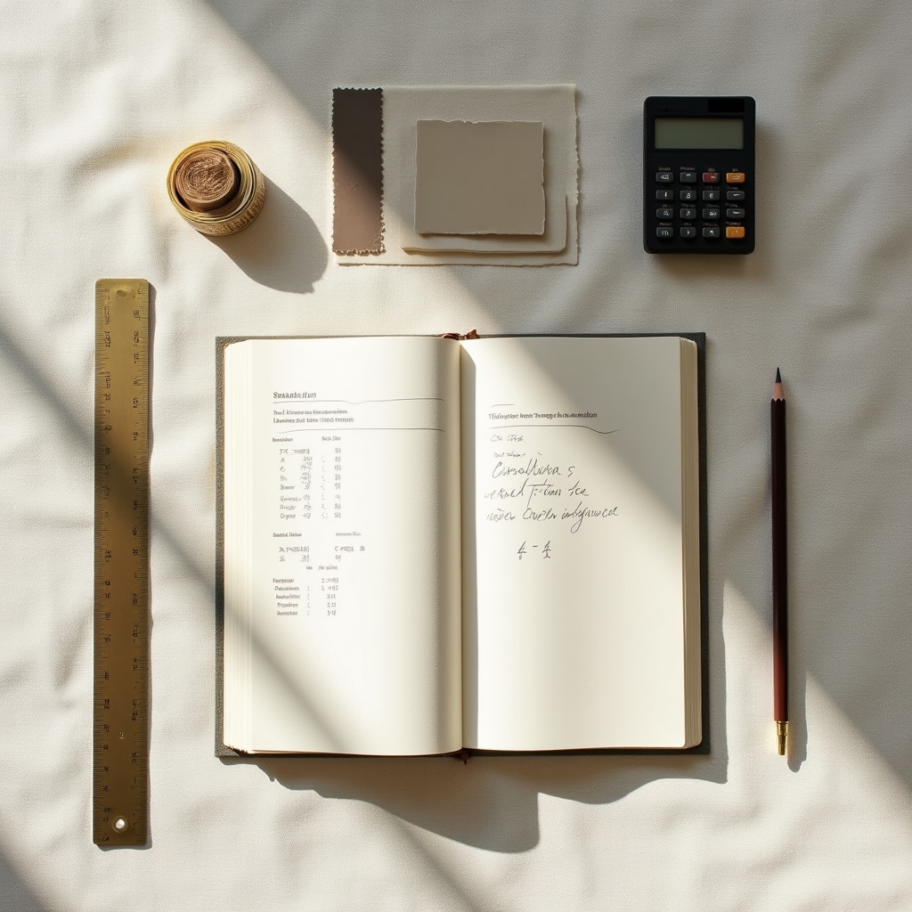 Strumenti di misura e calcolo su tavolo di lavoro artigianale con notebook